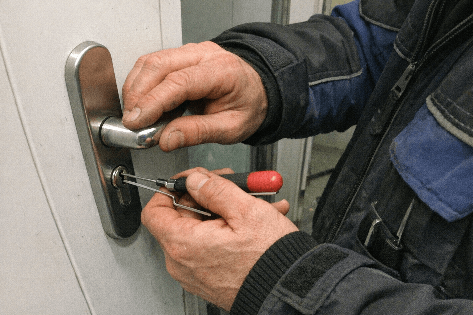 Fachmann für Türöffnungen bei der Arbeit an einem Schließzylinder