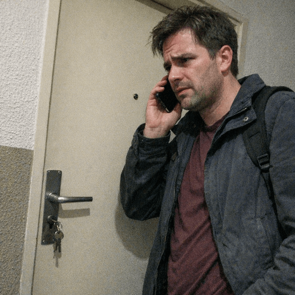 Kunde steht vor verschlossener Wohnungstür und telefoniert mit dem Notdienst