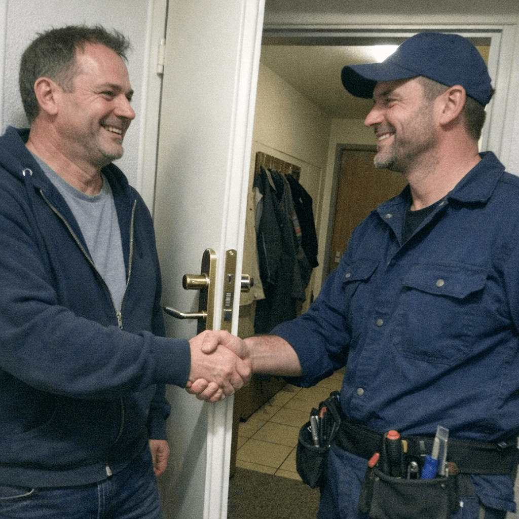 Handschlag zwischen Kunde und Techniker nach erfolgreicher Reparatur des Schließmechanismus