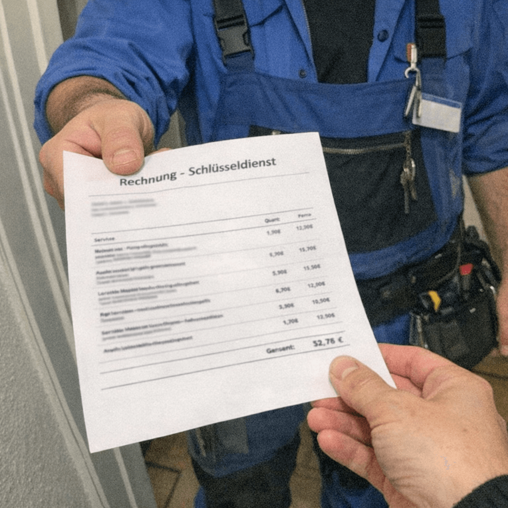 Techniker übergibt dem Kunden eine detailliert aufgeschlüsselte Rechnung nach Auftragsabschluss
